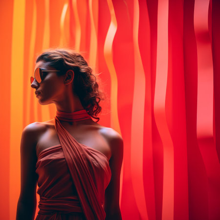 a woman in a red dress standing in front of an orange wallの素材