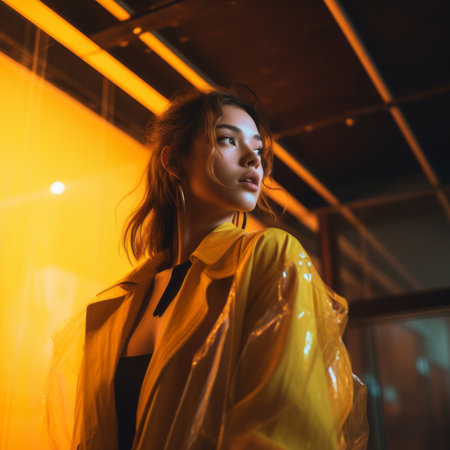 a woman in a yellow raincoat standing in front of a yellow lightの素材