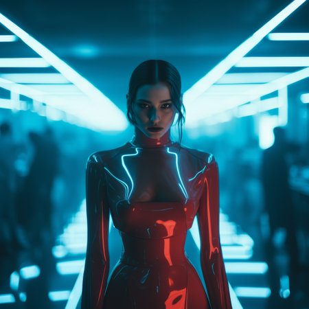 a woman in a red latex dress with neon lightsの素材