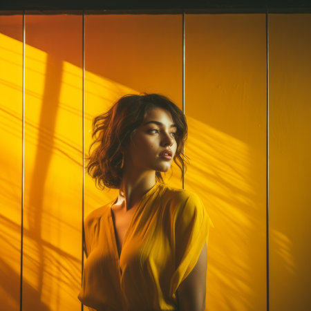 a woman in a yellow dress standing in front of a yellow wallの素材