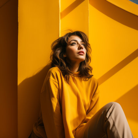 a woman in a yellow sweater sitting on a yellow wallの素材