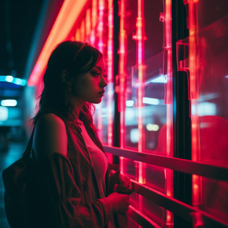 a woman standing in front of a red neon signの素材