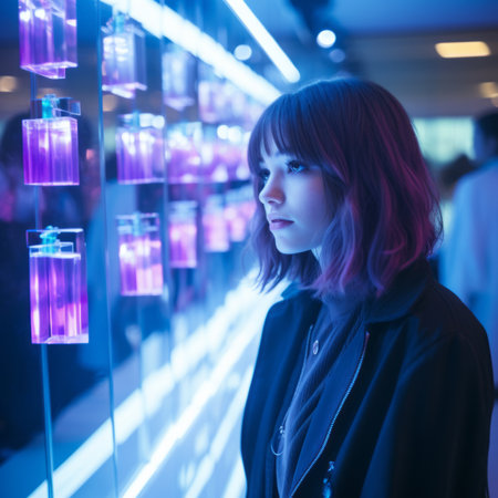 a woman standing in front of a display of perfume bottlesの素材