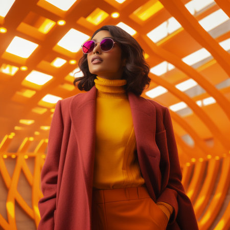 a woman in an orange coat and sunglasses standing in front of an orange tunnelの素材
