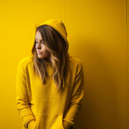 a woman in a yellow hoodie standing against a yellow wallの素材