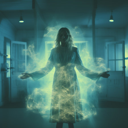 a woman standing in a dark room with glowing smoke coming out of her handsの素材