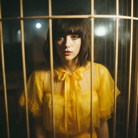 a woman in a yellow dress standing in a cageの素材