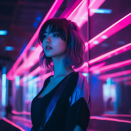 a woman standing in front of neon lightsの素材