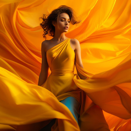 a woman in a yellow dress is flying through the airの素材