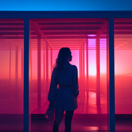 a woman standing in front of a pink and blue lightの素材