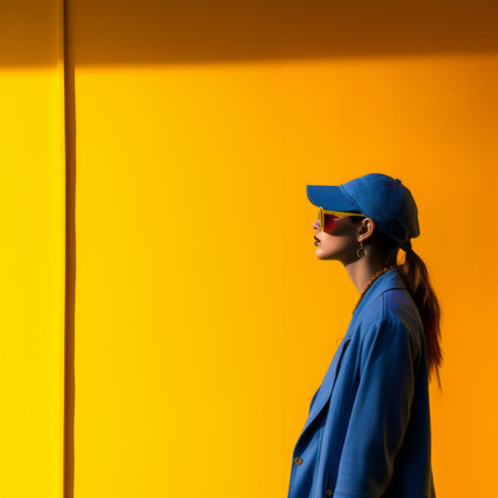 a woman wearing sunglasses and a hat stands in front of a yellow wallの素材