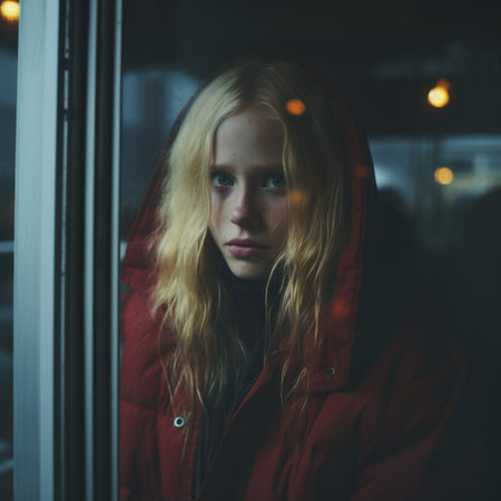 a woman in a red coat looking out the windowの素材