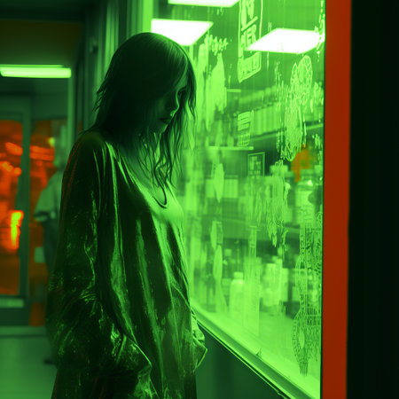 a woman standing in front of a mirrorの素材