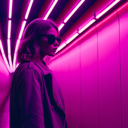 a woman standing in a dark tunnel with neon lightsの素材