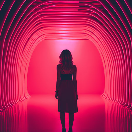 a woman standing in front of a pink neon tunnelの素材