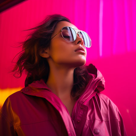 a woman wearing sunglasses and a pink jacket in front of a pink wallの素材