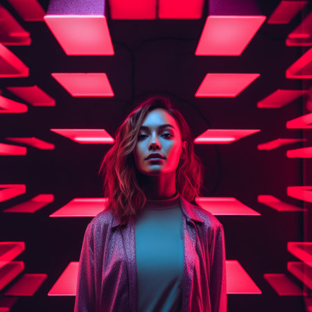 a woman standing in front of red cubesの素材