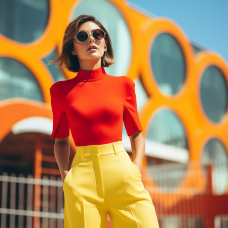 a woman in a red top and yellow pantsの素材