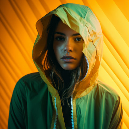 a woman wearing a yellow and green raincoatの素材