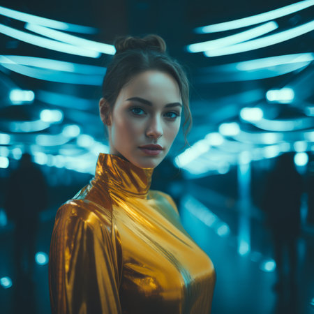 a woman in a shiny gold dress standing in a dark tunnelの素材