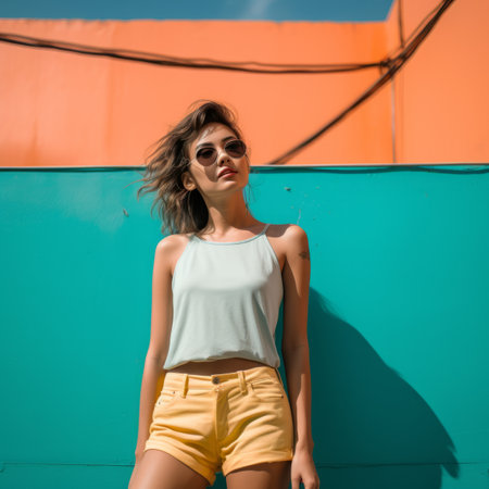 a woman in sunglasses and yellow shorts standing against a colorful wallの素材