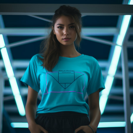a woman wearing a teal t - shirt standing in a dark roomの素材