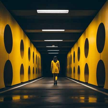 a woman in a yellow coat walks through a yellow tunnelの素材
