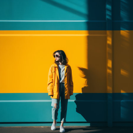 a woman wearing sunglasses and a yellow jacket standing in front of a blue and yellow wallの素材