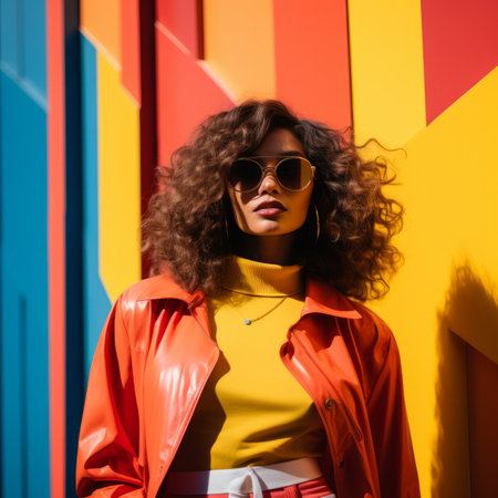 a woman with curly hair wearing sunglasses and an orange jacket standing in front of a colorful wallの素材