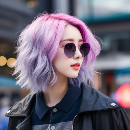 a woman with pink hair and sunglasses on a city streetの素材