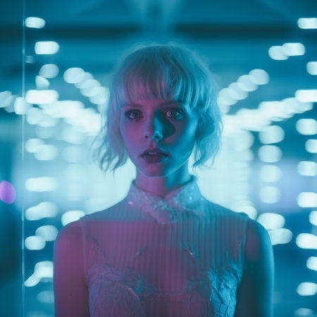 a woman with blonde hair standing in front of blue lightsの素材