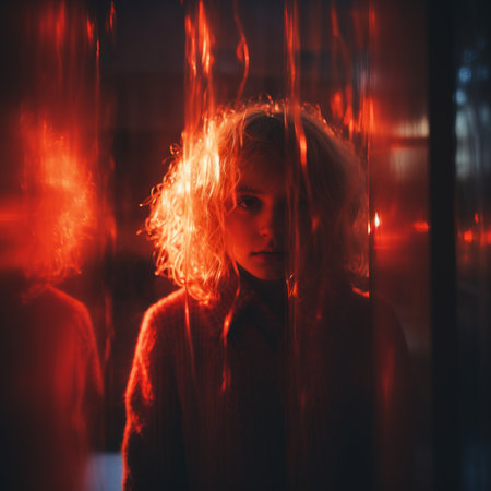 a woman with red hair standing in front of a red curtainの素材