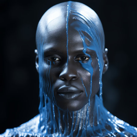 an african man with blue paint on his faceの素材