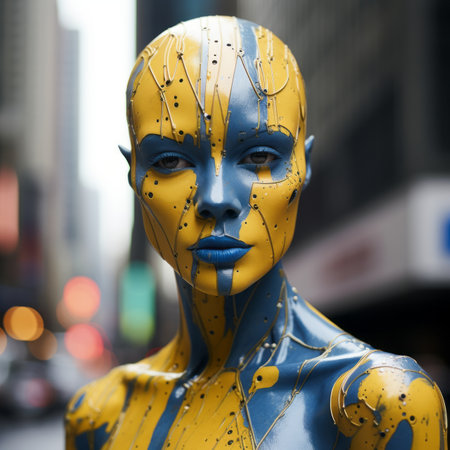 a woman with blue and yellow paint on her faceの素材