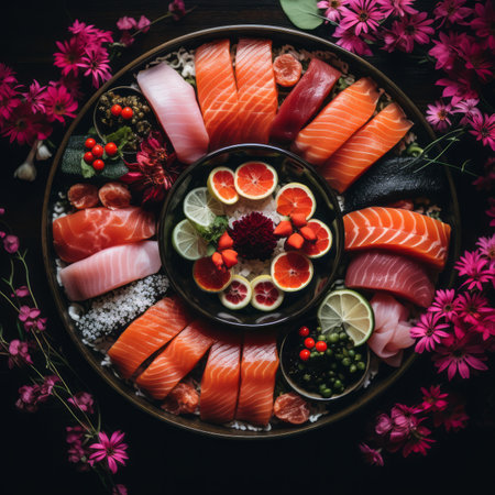 an assortment of sashimi on a wooden platterの素材