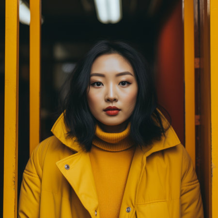 an asian woman wearing a yellow coatの素材