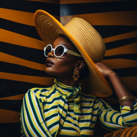 beautiful african american woman wearing a hat and sunglasses in front of a striped backgroundの素材