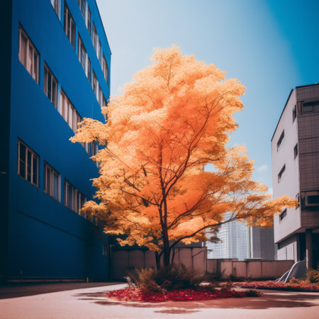 an orange tree stands in front of a blue buildingの素材