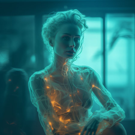 an image of a woman with glowing lights on her bodyの素材