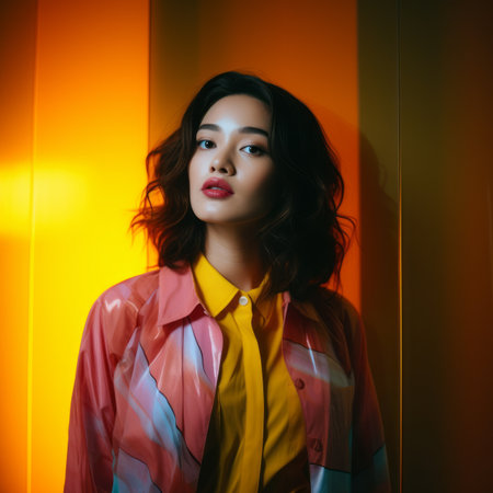 an asian woman in a yellow shirt and pink jacket standing in front of an orange wallの素材