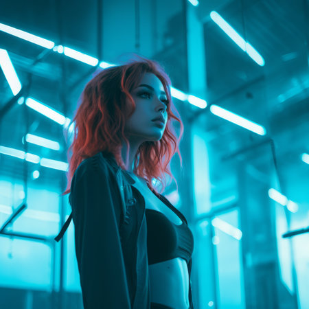 a woman with red hair standing in front of neon lightsの素材