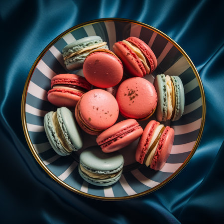 colorful macarons in a bowl on a blue clothの素材