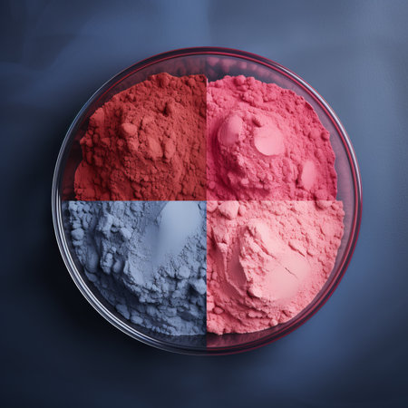 four different colored powders in a bowl on a blue backgroundの素材