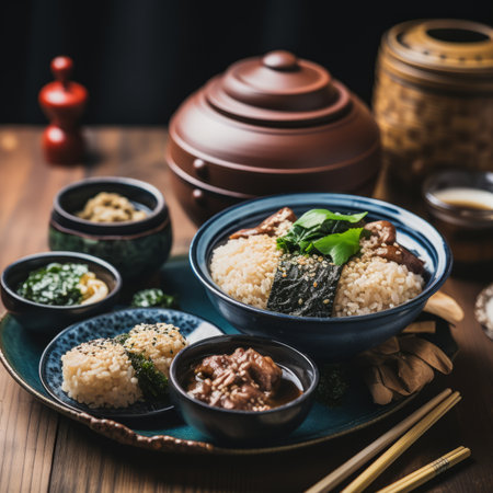 japanese rice bowl with meat and vegetables on a wooden table with chopsticksの素材