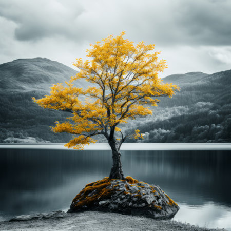 black and white photo of a lone tree on a rock by a lakeの素材