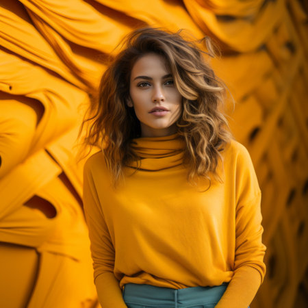 portrait of a beautiful young woman in a yellow shirt and green pants standing in front of an abstract wallの素材