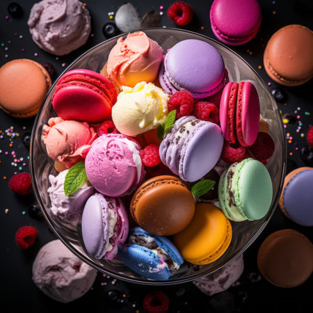 colorful macarons in a bowl on a black backgroundの素材