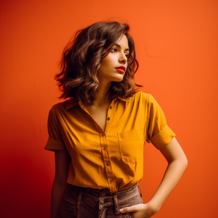 portrait of beautiful woman in orange shirt against orange backgroundの素材