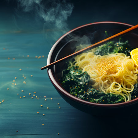 noodles with sesame seeds and lemon in a bowl on a wooden tableの素材