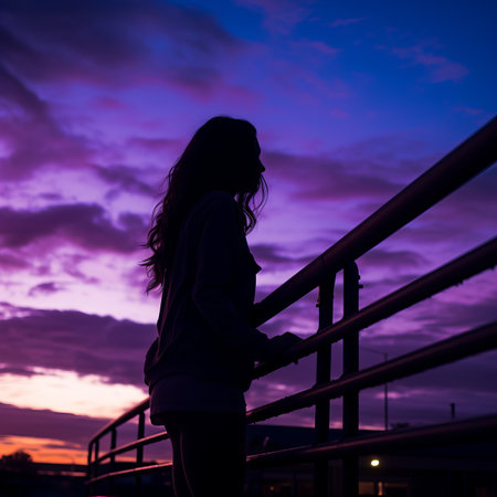 silhouette of a woman standing on a railing at sunsetの素材